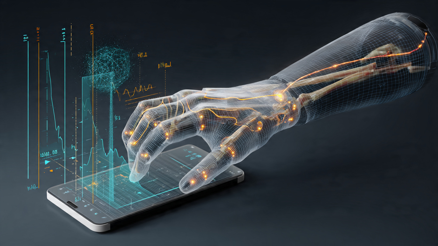 A forearm wearing an EMG wristband with glowing electrodes, hand interacting with a smartphone touchscreen, with data visualization overlays showing EMG waveforms and touch coordinate streams converging into a neural network diagram