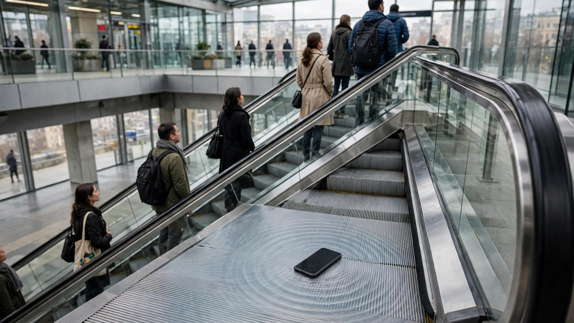 Smartphone resting on escalator steps with vibration ripple rings: passive mechanical health sensing from passenger phones
