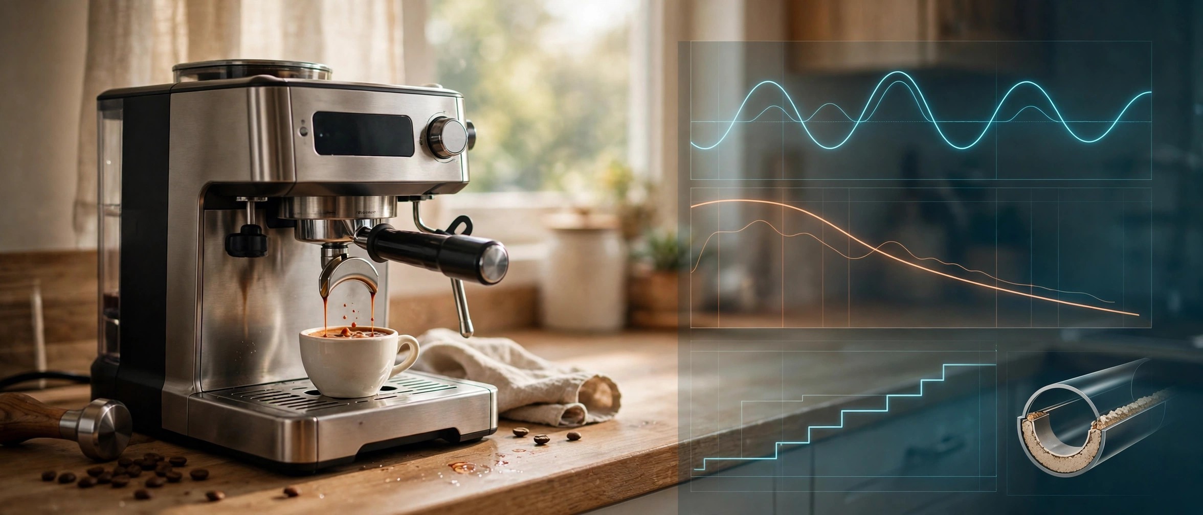 Home espresso machine pulling a shot into a small cup, with translucent pressure, flow-rate, and heating-cycle traces overlaid beside it