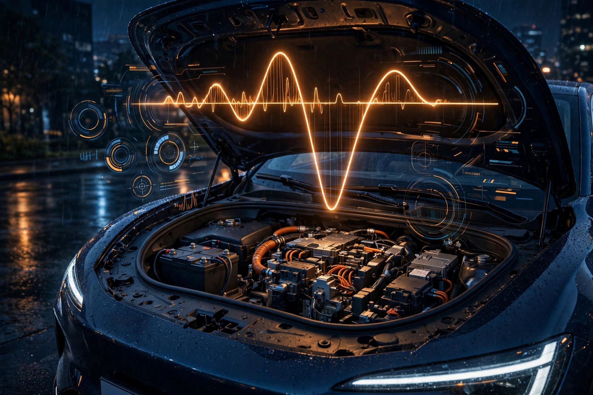 Electric vehicle with open frunk revealing a 12-volt auxiliary battery, with a glowing voltage waveform showing a sag dip during contactor closure