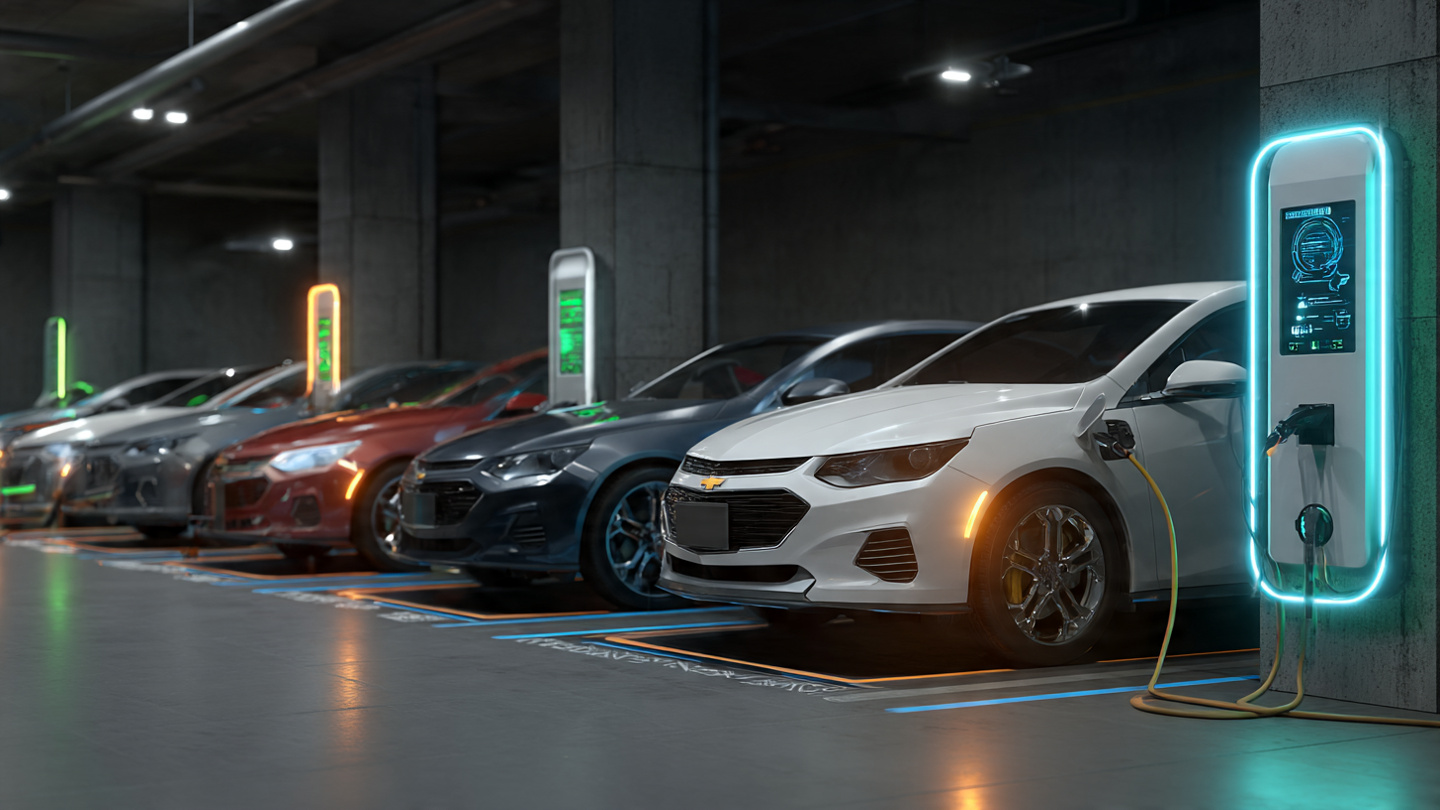 Row of electric vehicles connected to bidirectional chargers