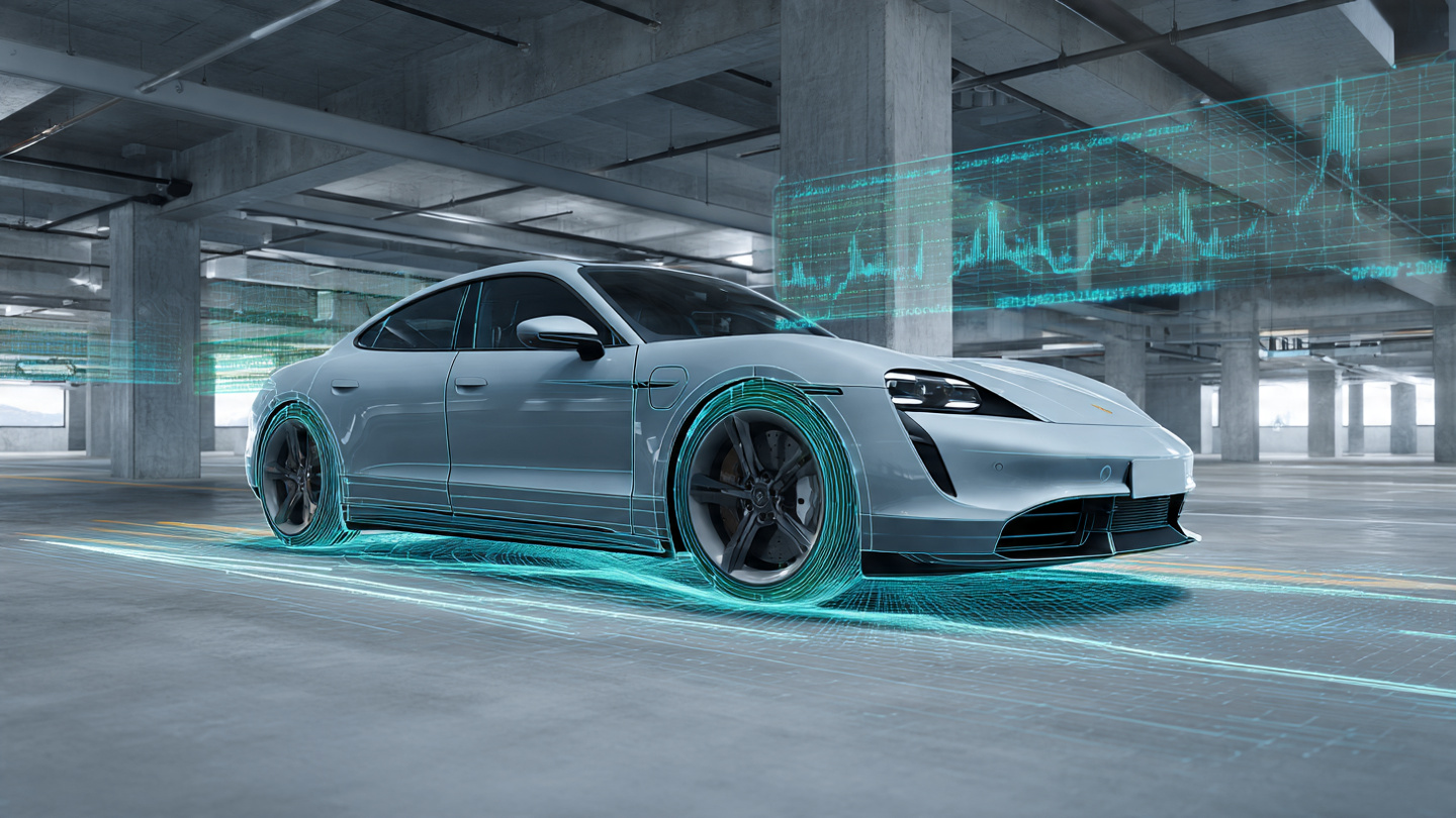Electric vehicle driving across parking garage floor slab with structural deflection visualization and suspension sensor data overlay