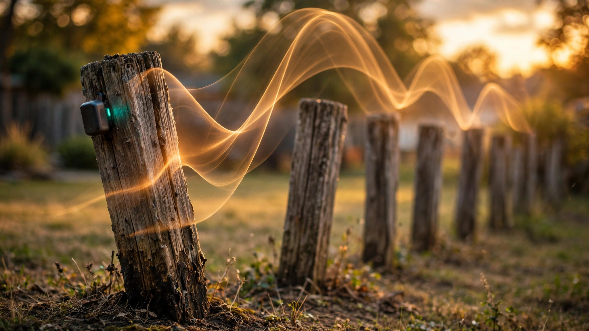 Weathered wooden fence posts at golden hour, one with a small glowing sensor tag, a translucent resonant-frequency waveform arcing from the swaying post