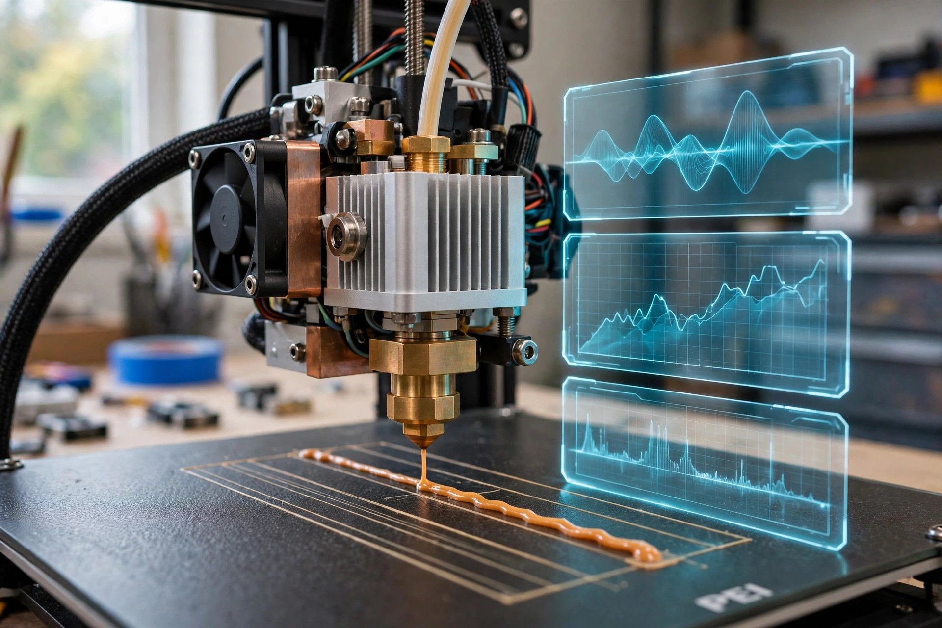 Desktop fused filament 3D printer extruding a line of molten plastic, with translucent motor current, filament feed, and sound waveform traces beside it