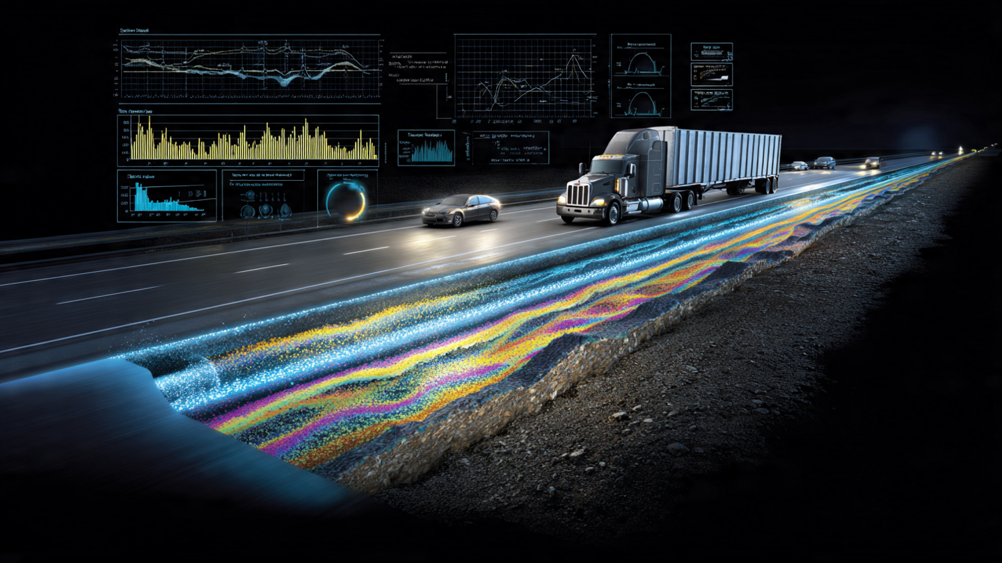 Cross-section view of a highway showing buried fiber optic cable beneath asphalt layers with vibration wave visualizations propagating from traffic down through the pavement structure to the sensing fiber