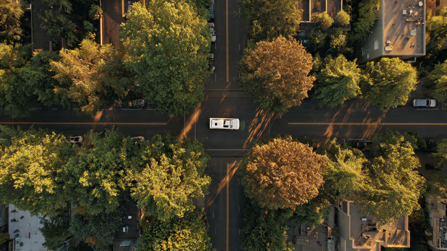 Municipal fleet vehicle with rooftop spectral sensor driving under urban tree canopy