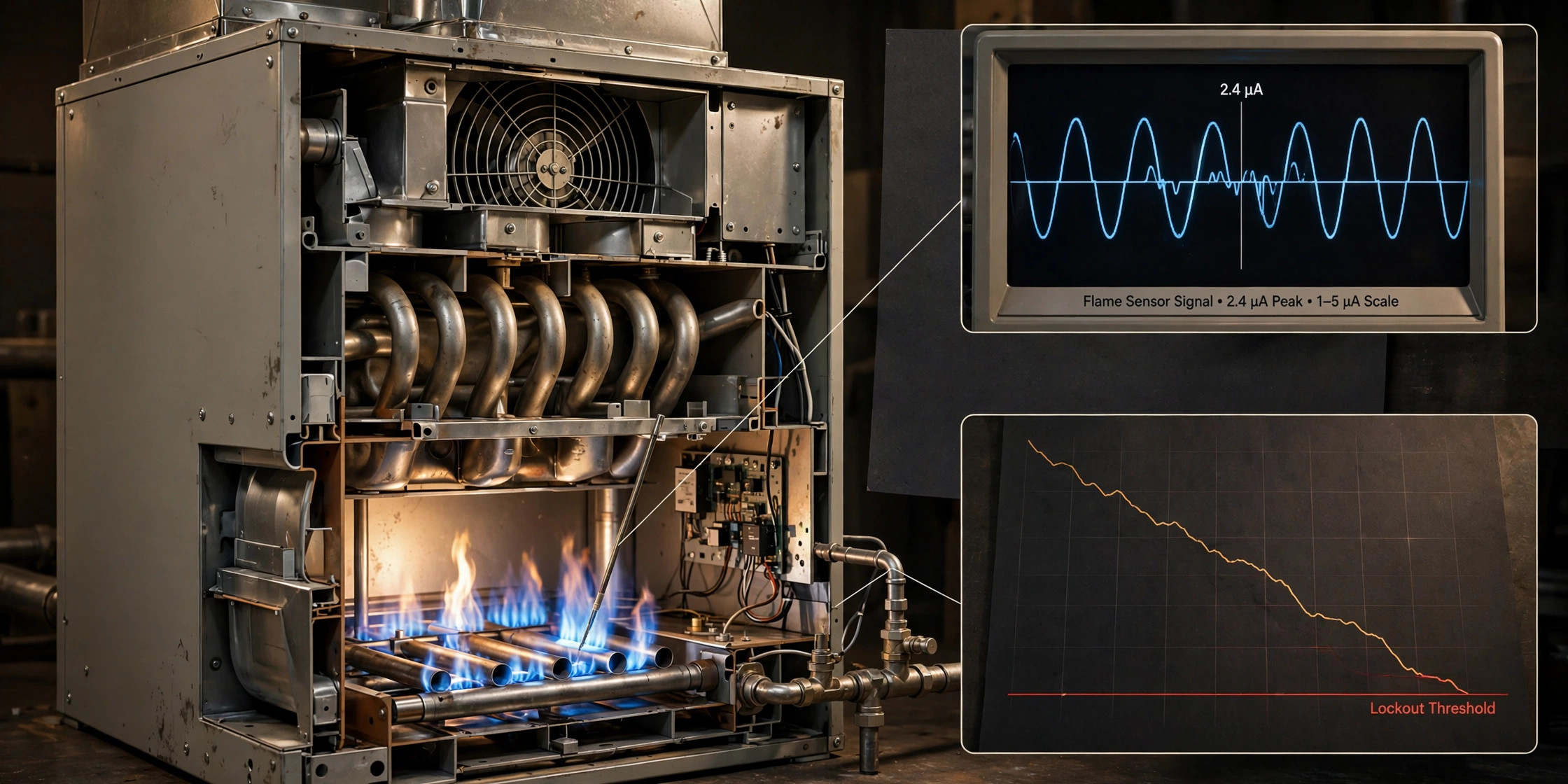 Cutaway of a residential gas furnace with the flame sensor rod in the burner flame, an oscilloscope inset showing the 2.4 microamp flame signal waveform, and a declining trend chart approaching a red lockout threshold line