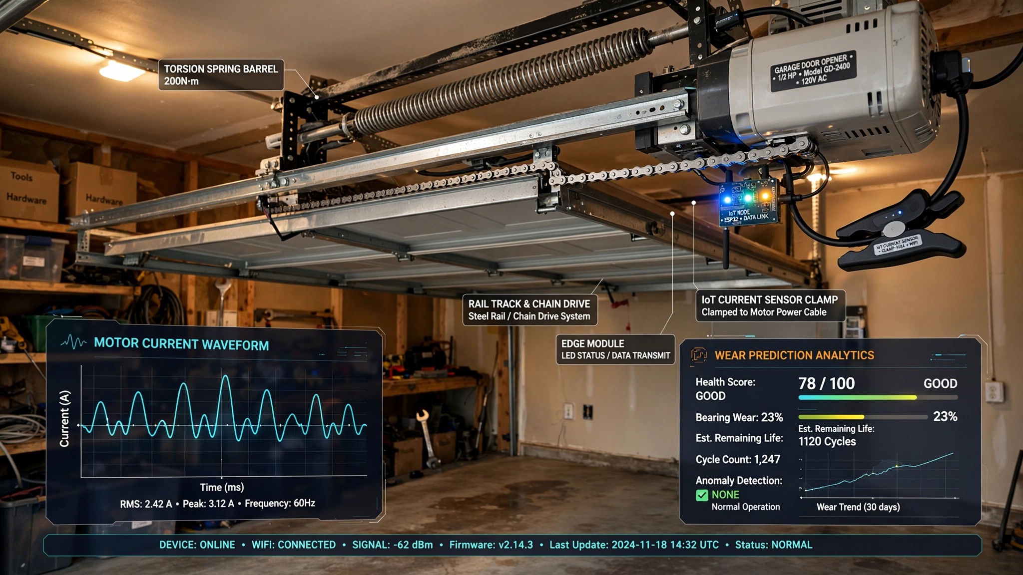 Garage door opener motor with IoT current sensor and predictive analytics overlay
