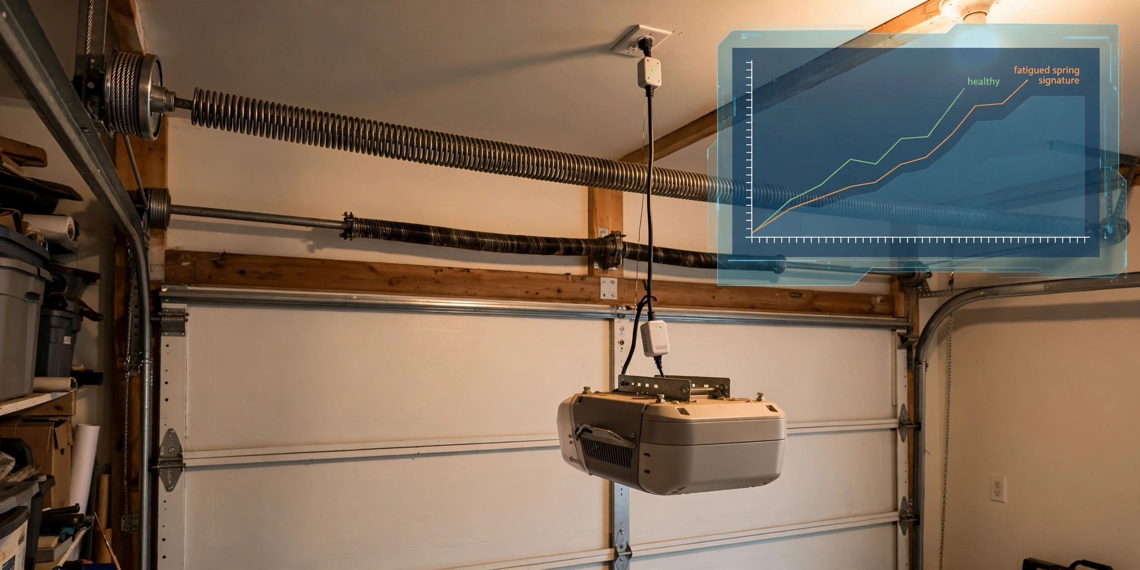 Garage door torsion spring shaft above the door with opener motor and current sensor module showing healthy vs fatigued motor current waveforms