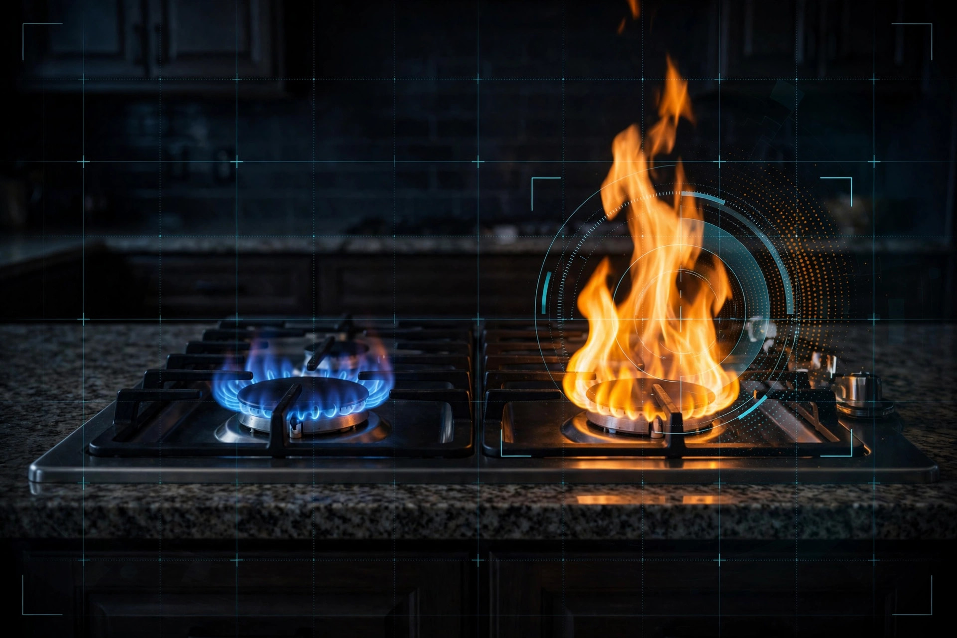 Gas stovetop with a healthy blue flame on one burner and a tall yellow flame on another, overlaid with an augmented-reality color-analysis grid
