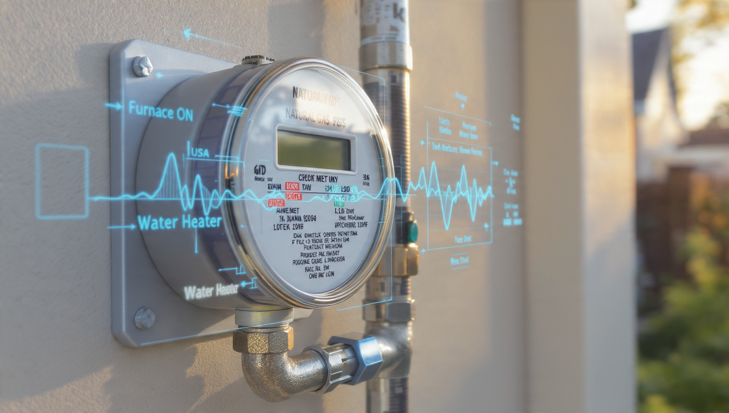 Residential gas meter with digital pressure sensor and holographic waveform overlays showing appliance identification