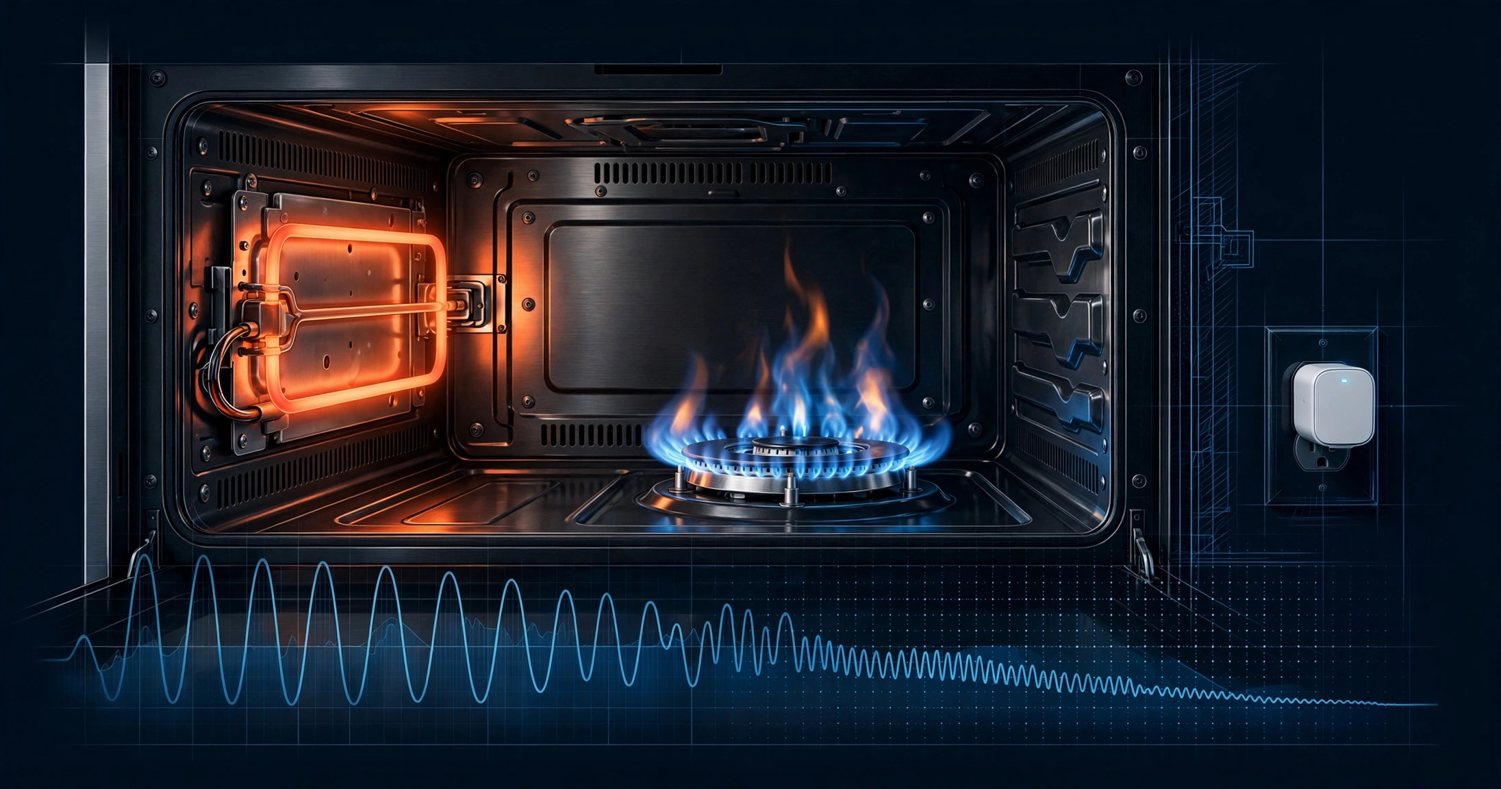 Gas oven interior with glowing hot-surface igniter beside blue burner flame, declining current waveform overlay, and smart plug at wall outlet