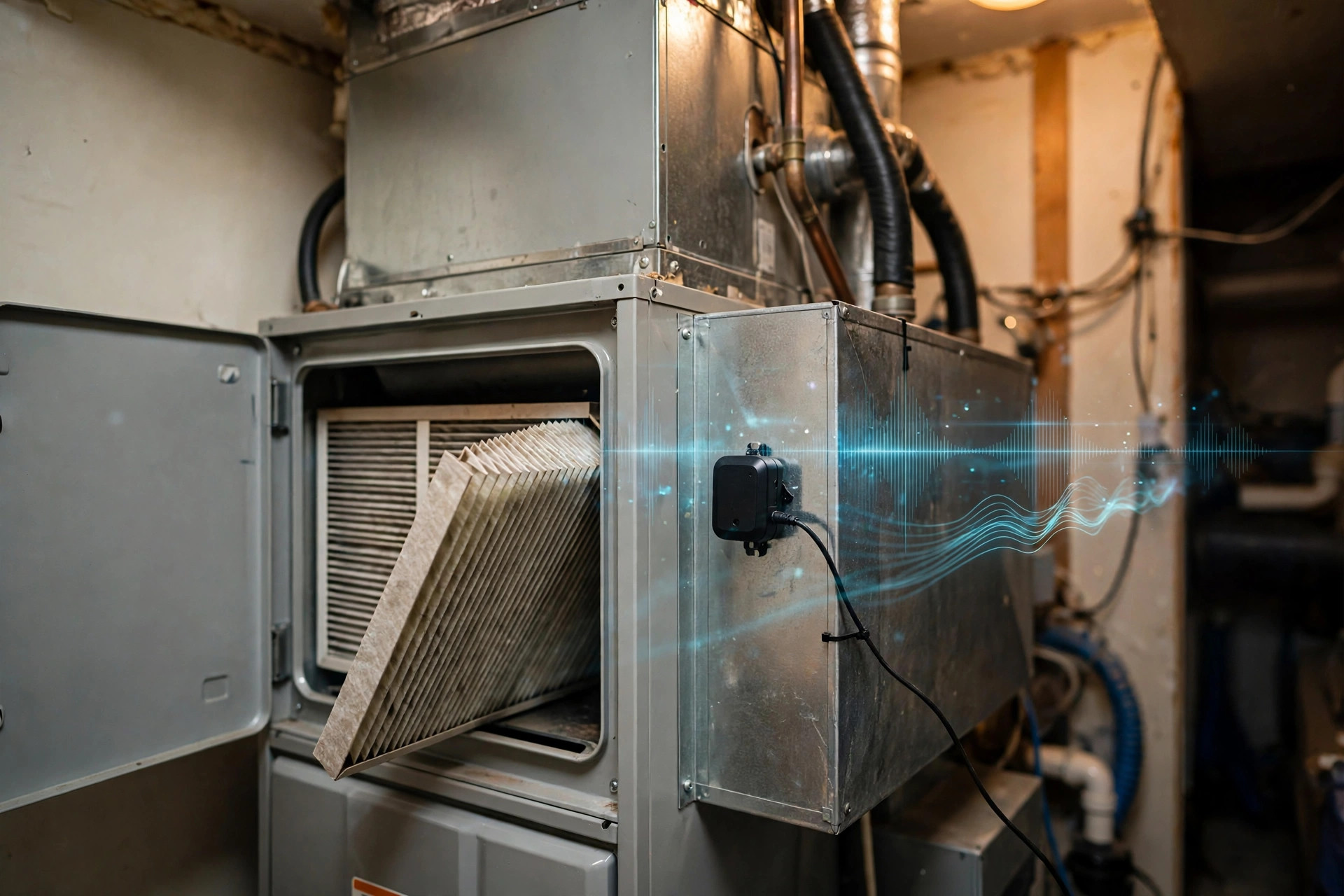 Residential furnace with filter slot open and pleated air filter half pulled out, acoustic sensor module on return duct with waveform overlays