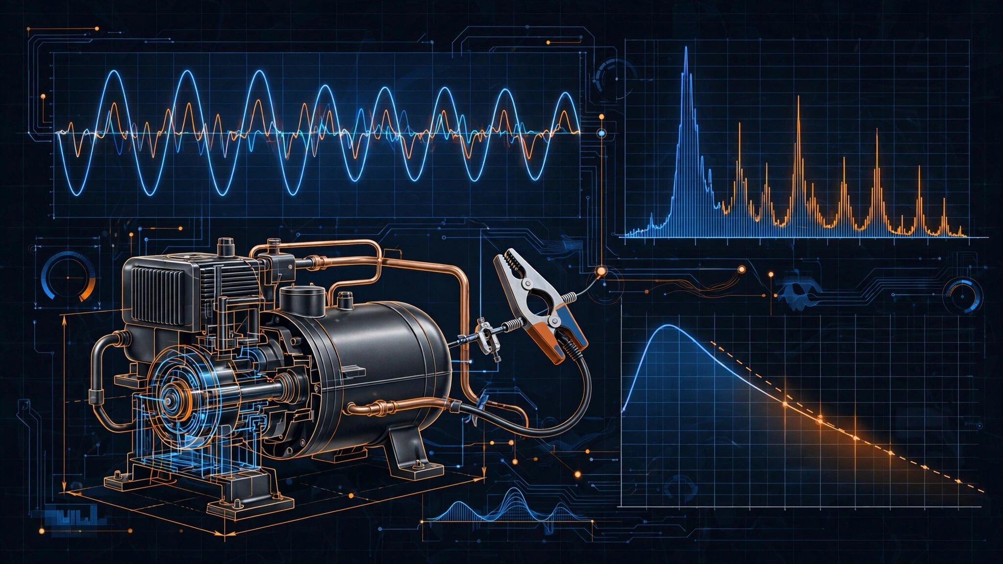 HVAC compressor with overlaid current harmonic analysis and degradation prediction