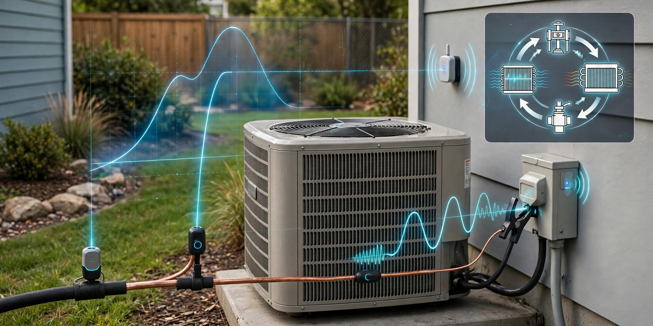 Residential outdoor air conditioner condenser with clip-on pipe sensors, clamp-on current sensor, and wireless hub, with data overlays showing temperature and current waveforms