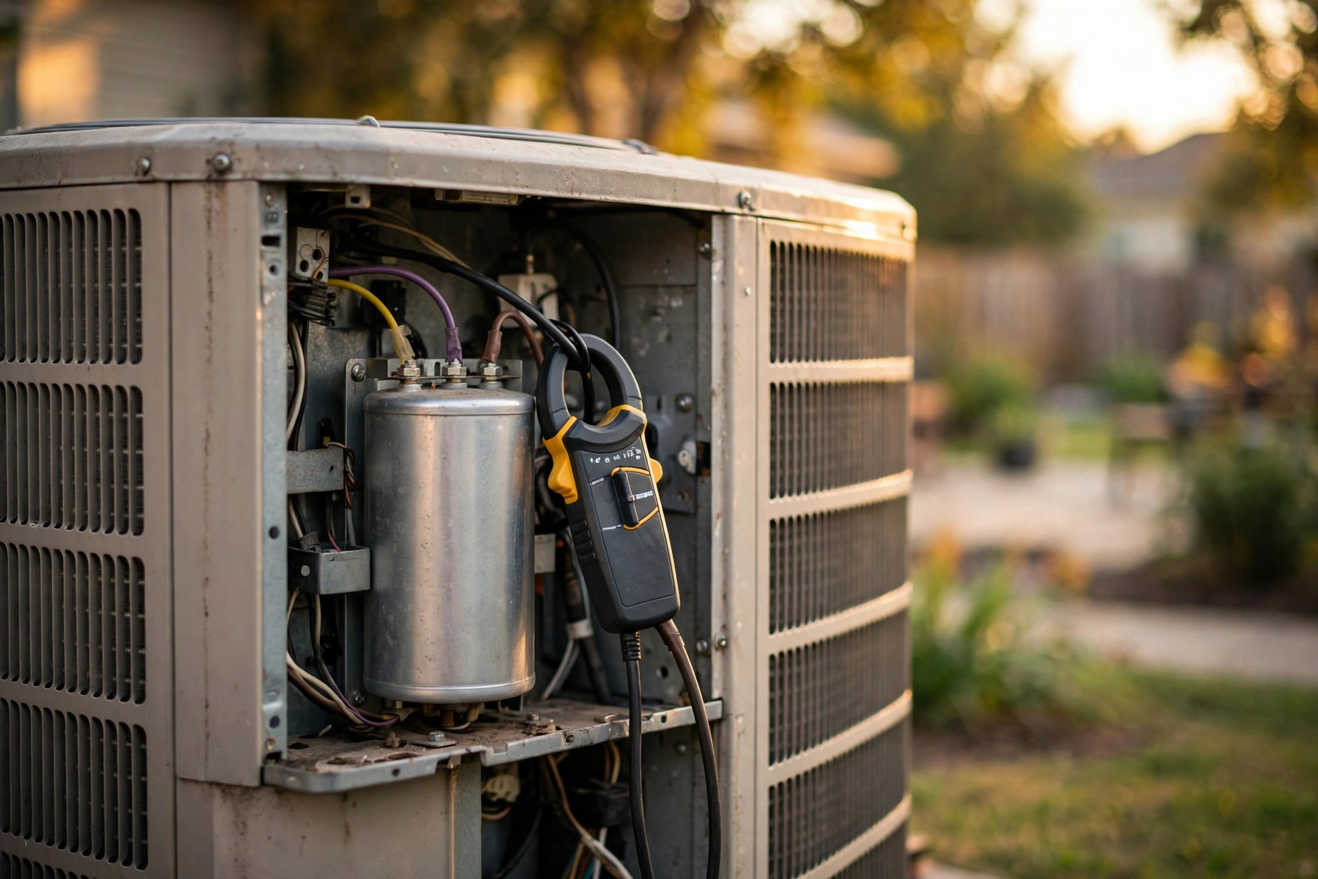 Residential outdoor AC condenser with electrical panel open, showing a dual run capacitor and clamp meter