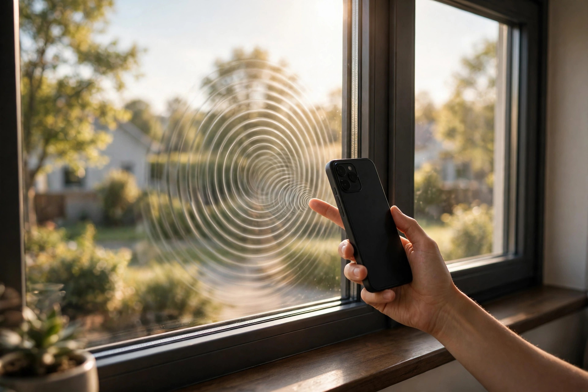 Hand holding a smartphone near a residential double-pane window while a fingertip taps the glass, with sound-wave ripples visualized