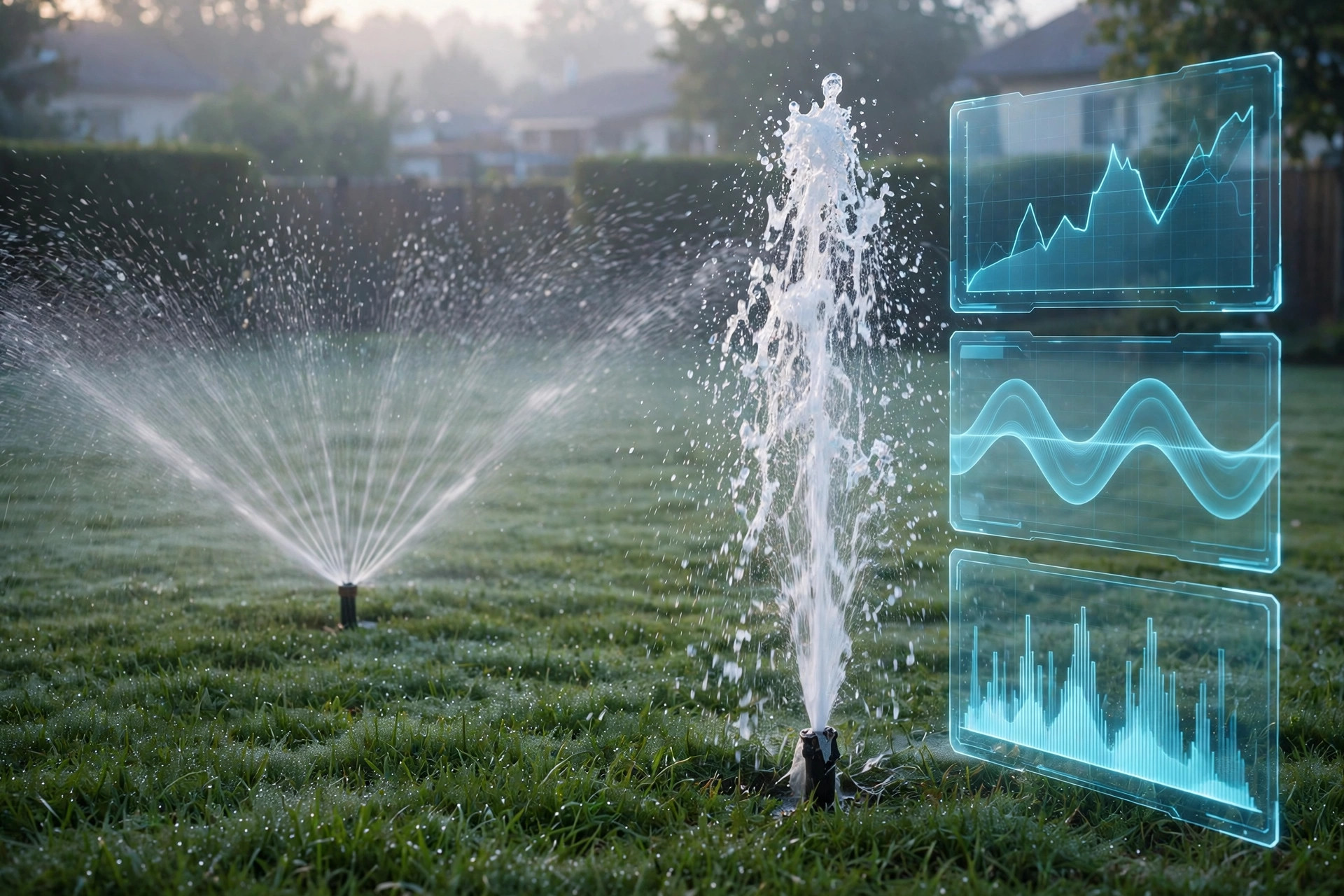 Lawn sprinkler spraying water at dawn, one broken head gushing, with flow, pressure, and sound spectrum traces beside it