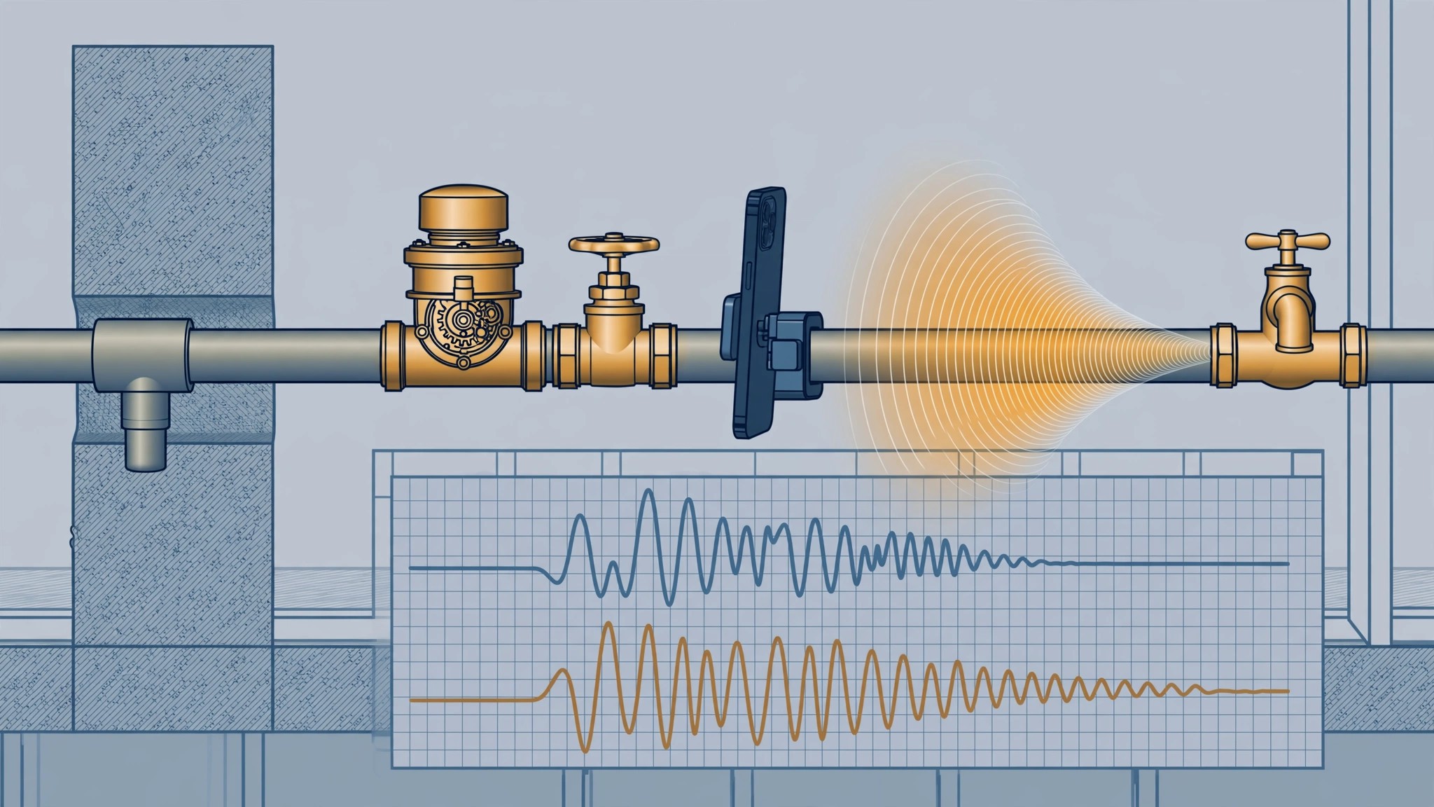 Cutaway view of a basement water service pipe entering through a foundation wall, with a smartphone held against the pipe near the water meter recording sound waves from a closed faucet, and waveform decay curves comparing material signatures