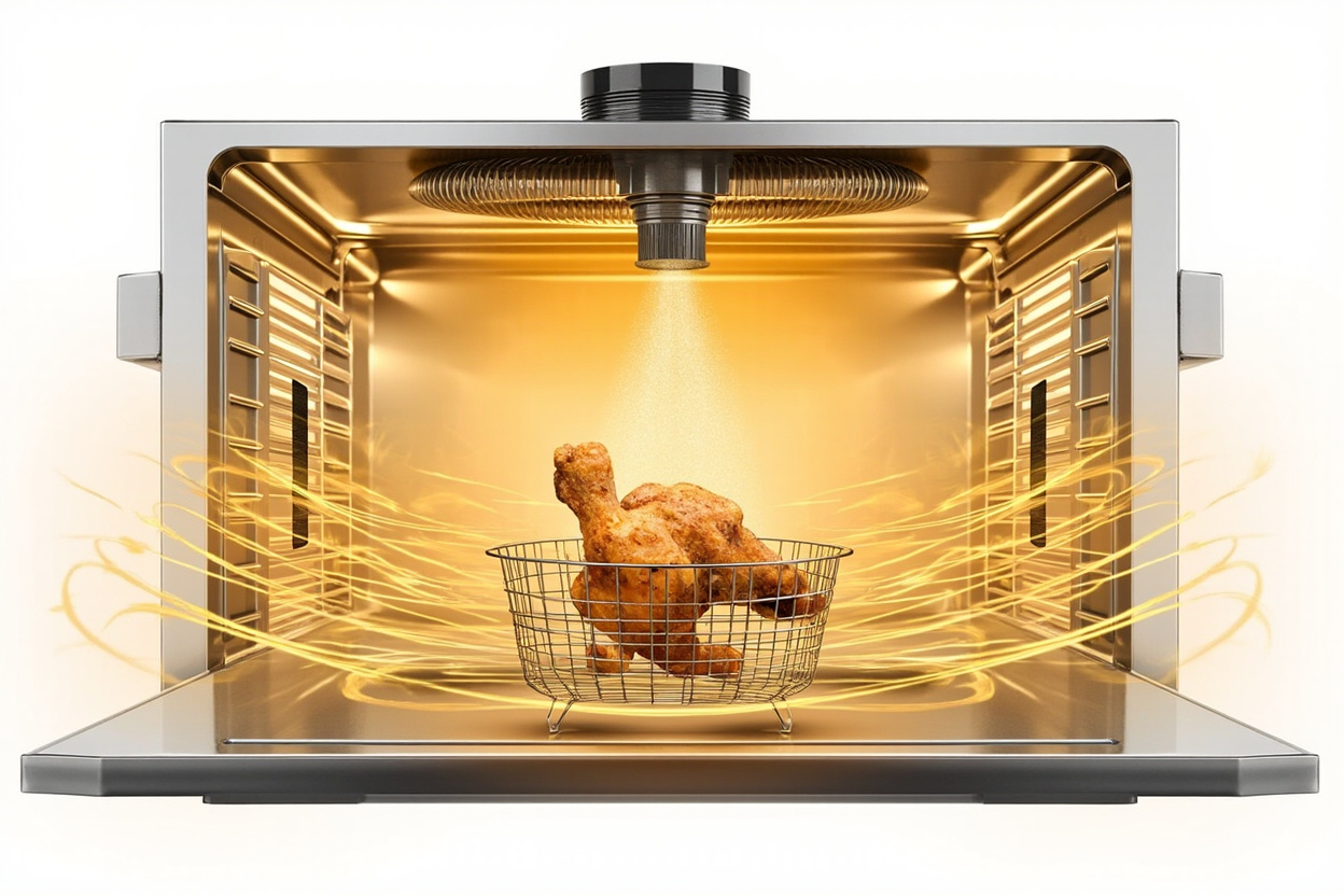 Cutaway view of a countertop cooking chamber showing a wing inside a wire basket, surrounded by swirling hot air currents and fine oil mist being applied from a top-mounted nozzle