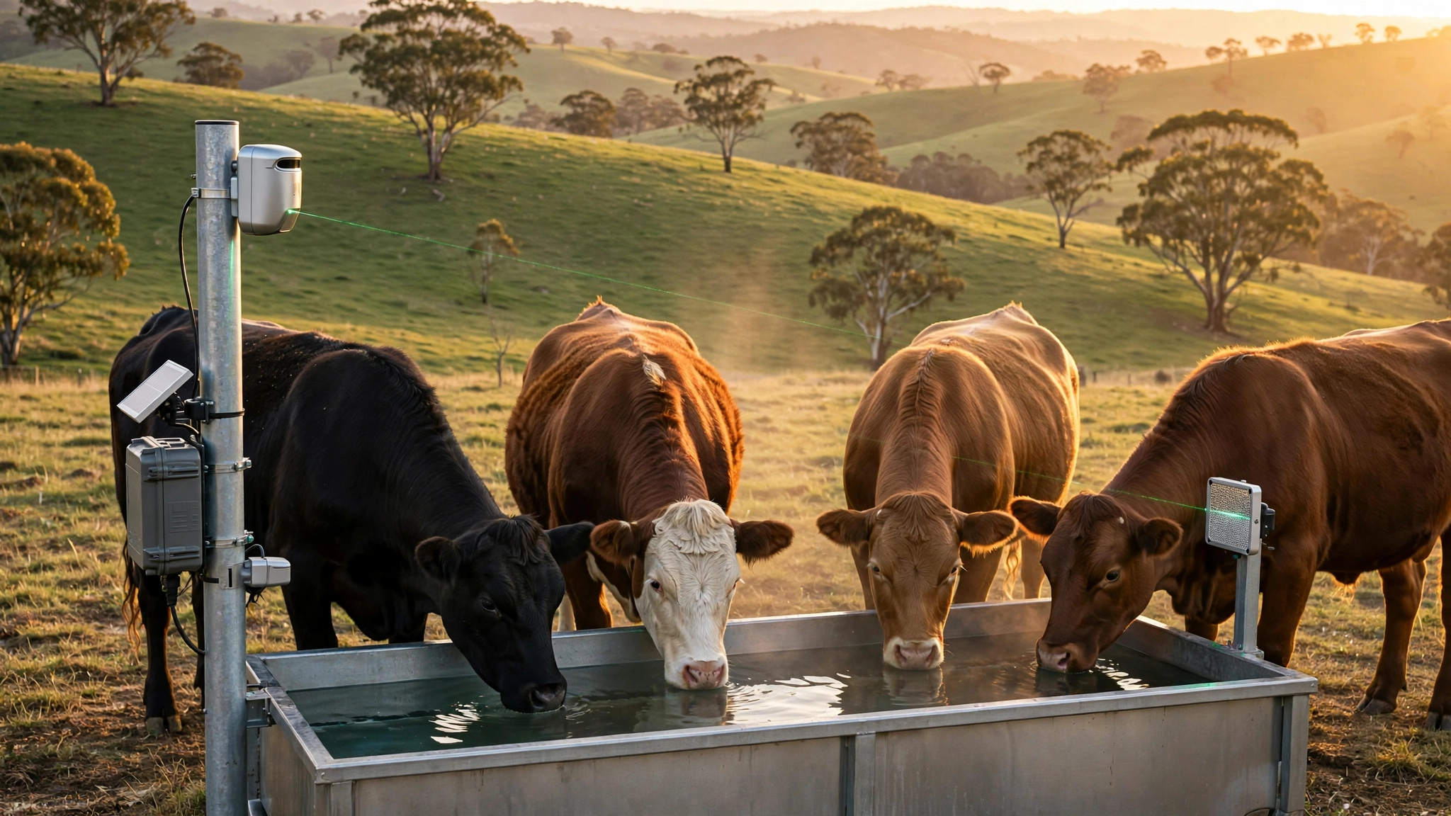 Laser spectroscopy sensor array at cattle watering station in pastoral setting