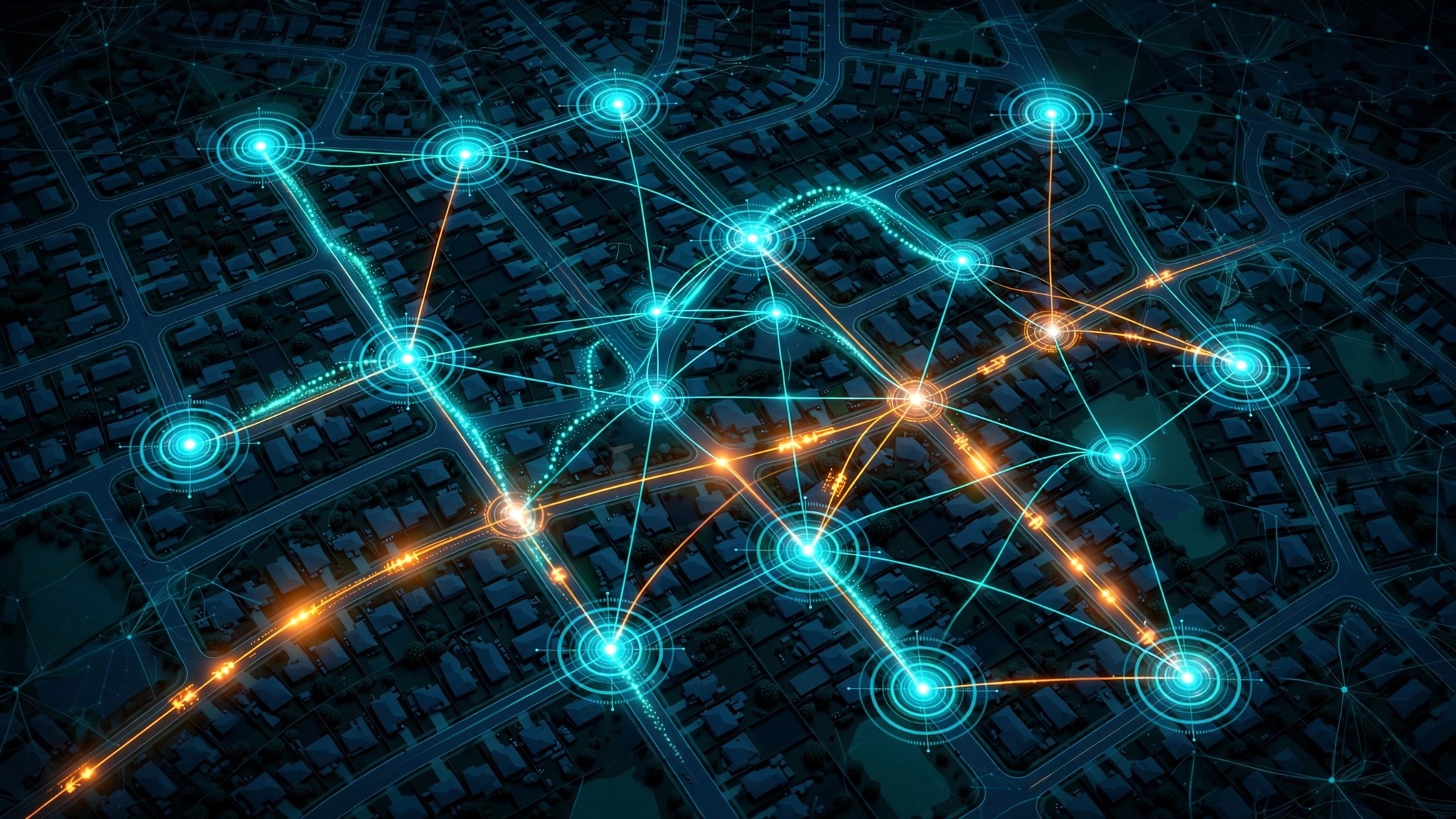 Distributed camera network overlaid on residential street map with vehicle trajectory visualization and graph neural network topology