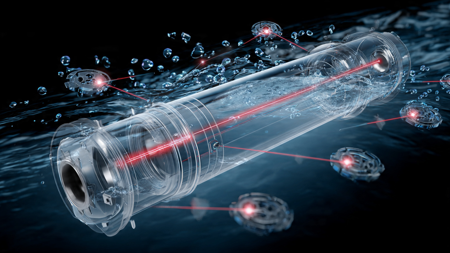 Inline laser scattering sensor in a water pipe with light beams refracting through particles