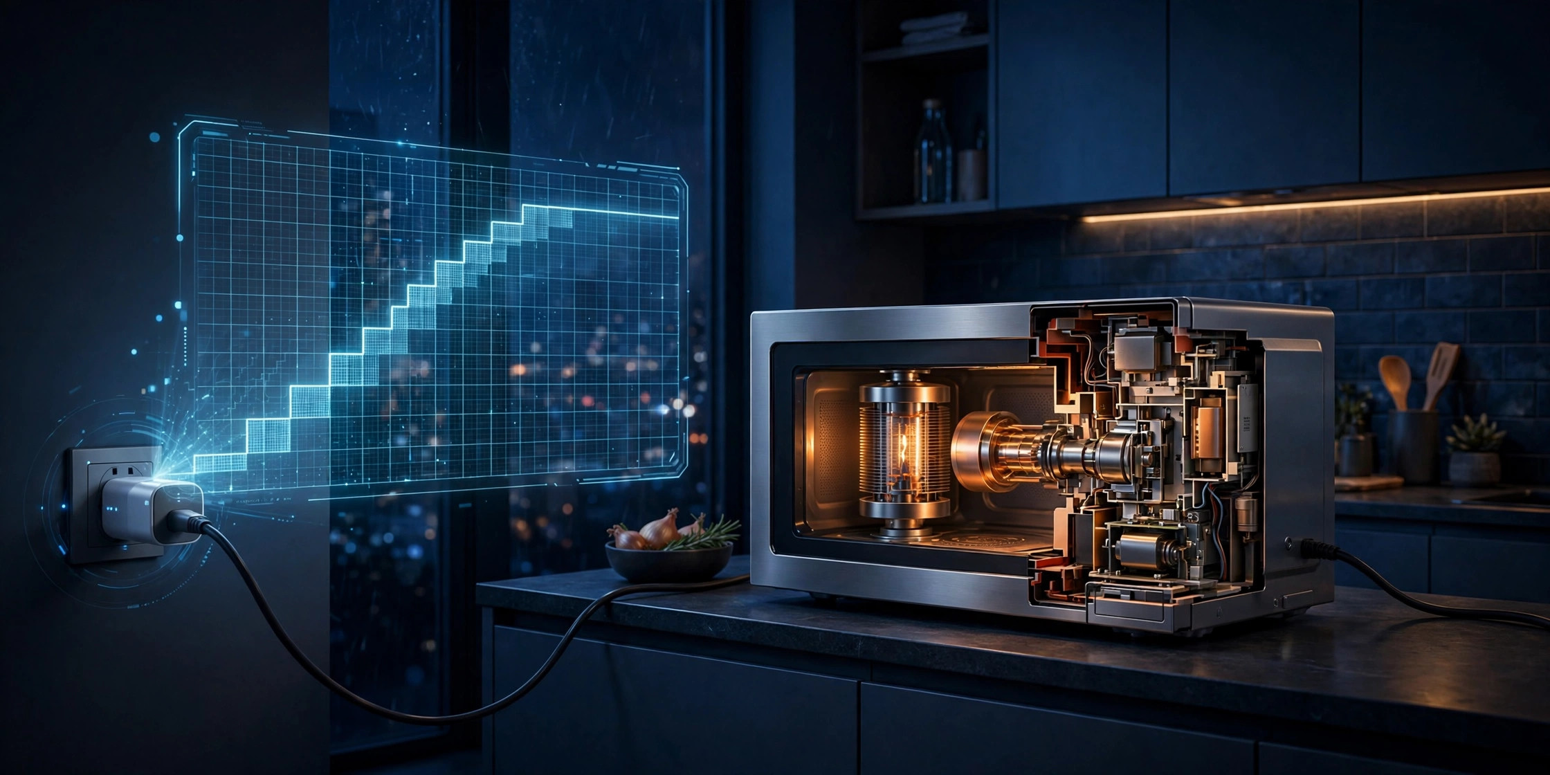 Microwave oven cutaway revealing the glowing magnetron tube, with a smart plug on its power cord projecting a holographic current waveform showing the warmup transient