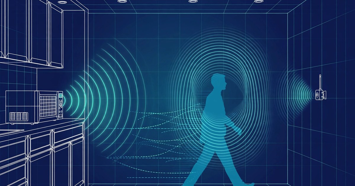Kitchen schematic showing a microwave oven emitting radio-wave arcs, a walking person with Doppler ripples, and a wall-mounted sensor device