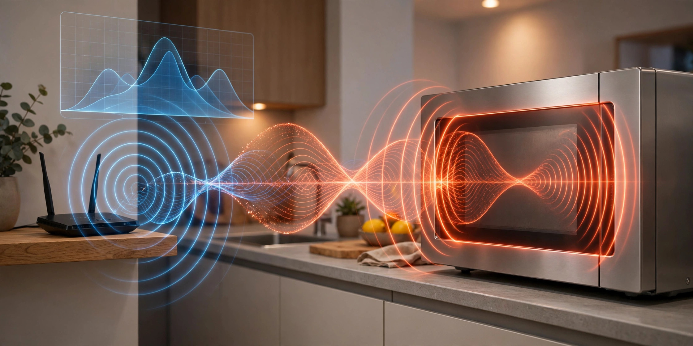 Microwave oven in a kitchen with orange radio waves leaking from the door seal toward a WiFi router emitting blue signal rings, with a spectrum graph showing interference near 2.45 GHz