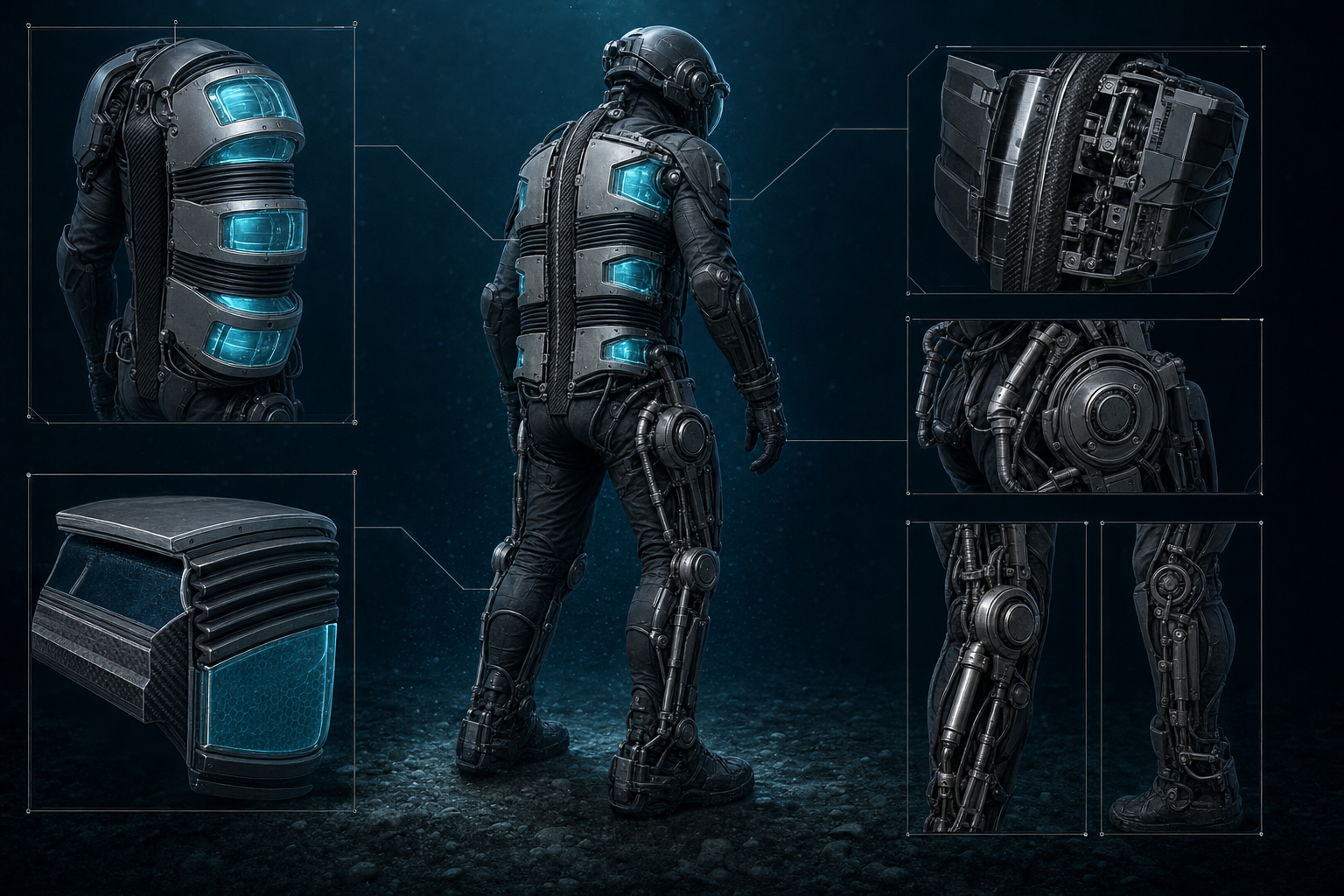 Technical illustration of the NPLX mobile negative pressure ventilation exoskeleton suit in diving configuration