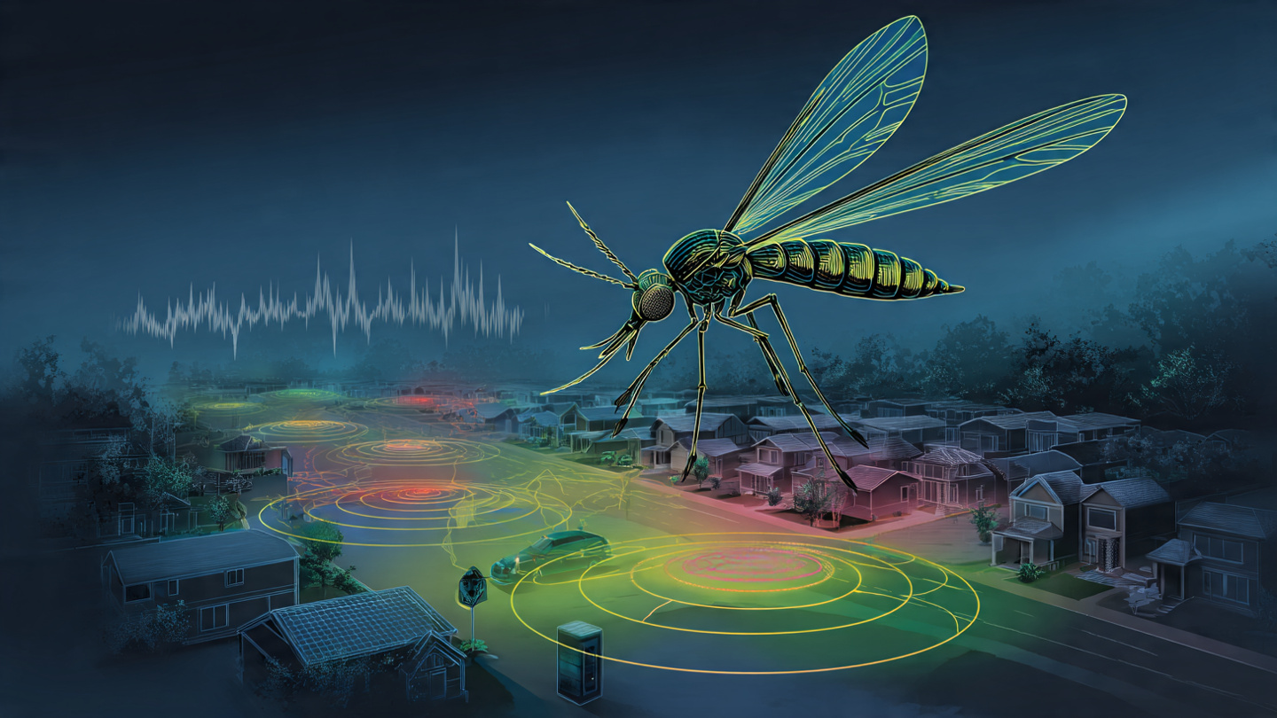 Technical illustration of mosquito wingbeat detection by distributed consumer IoT device microphones with spectral analysis overlays