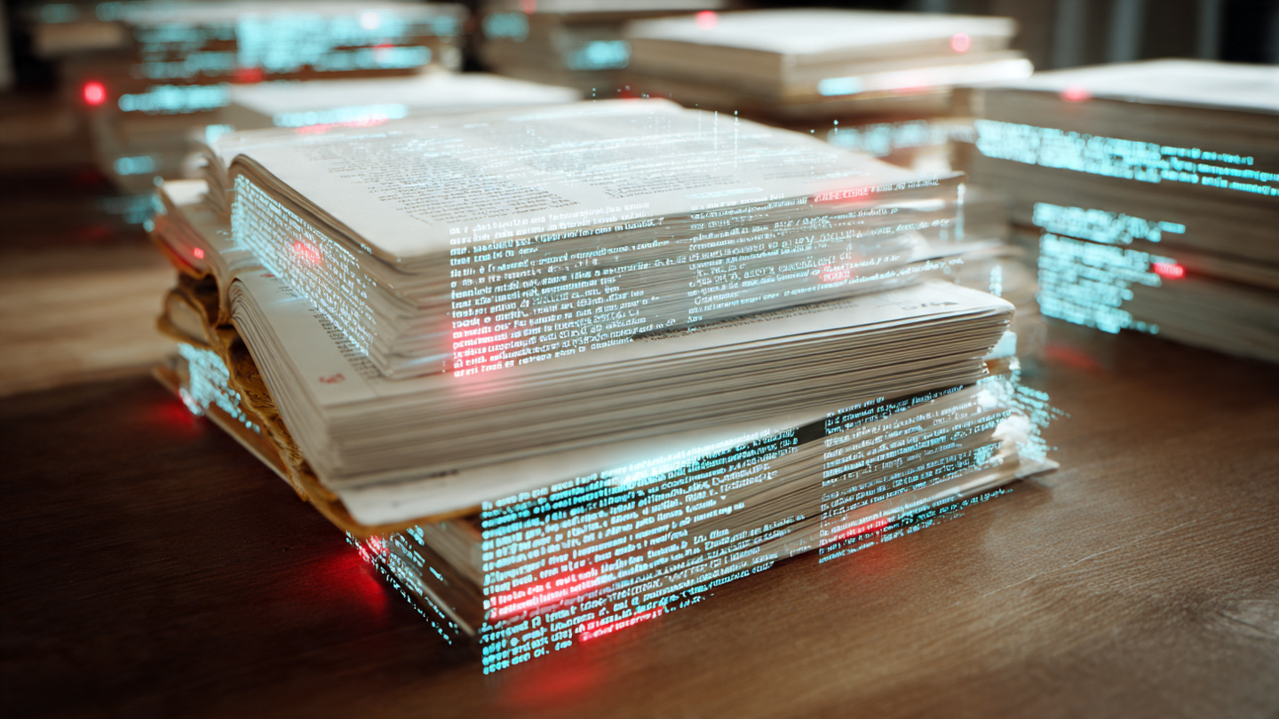 Stacks of municipal code books with digital overlay