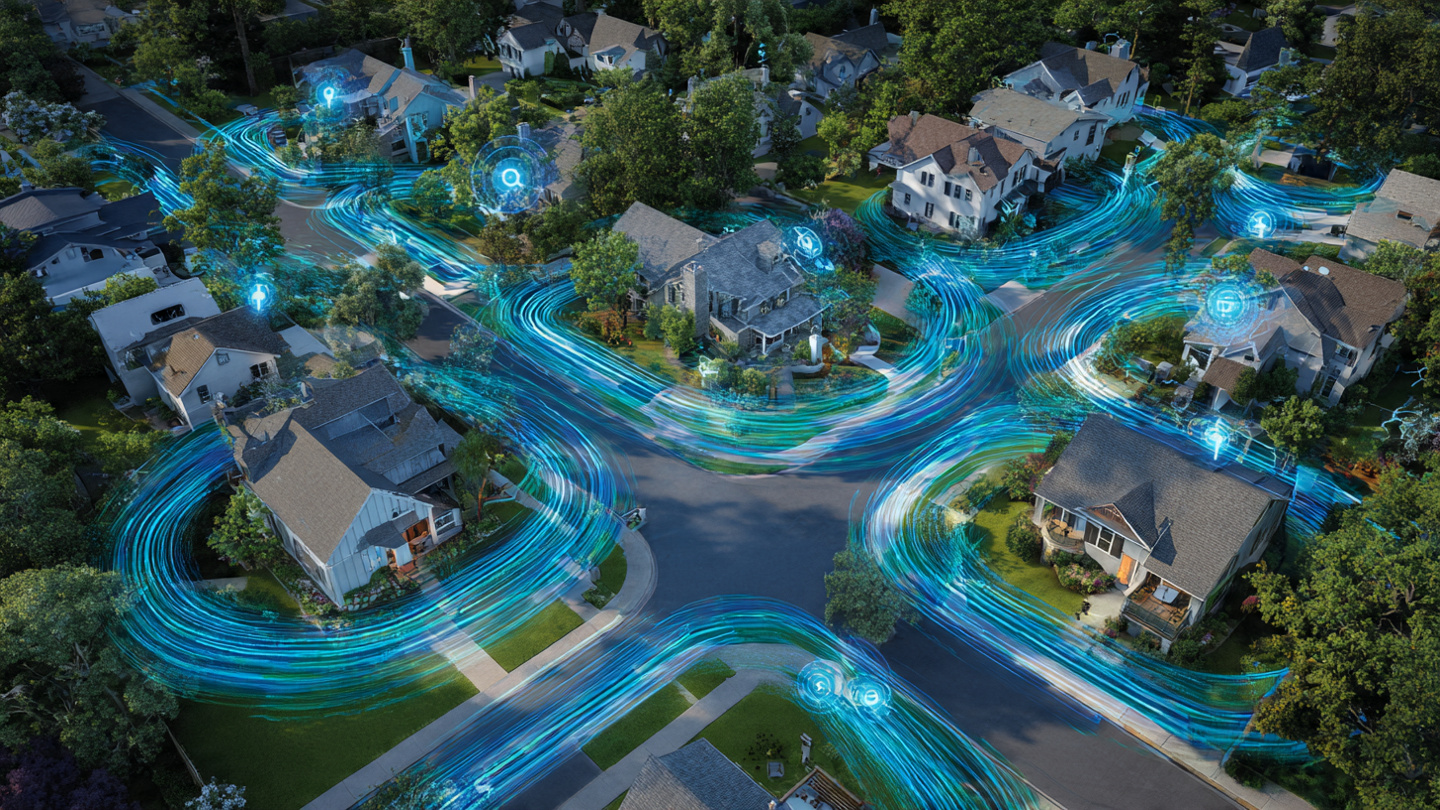Suburban neighborhood with water distribution network overlay and pressure wave visualization from leak detection