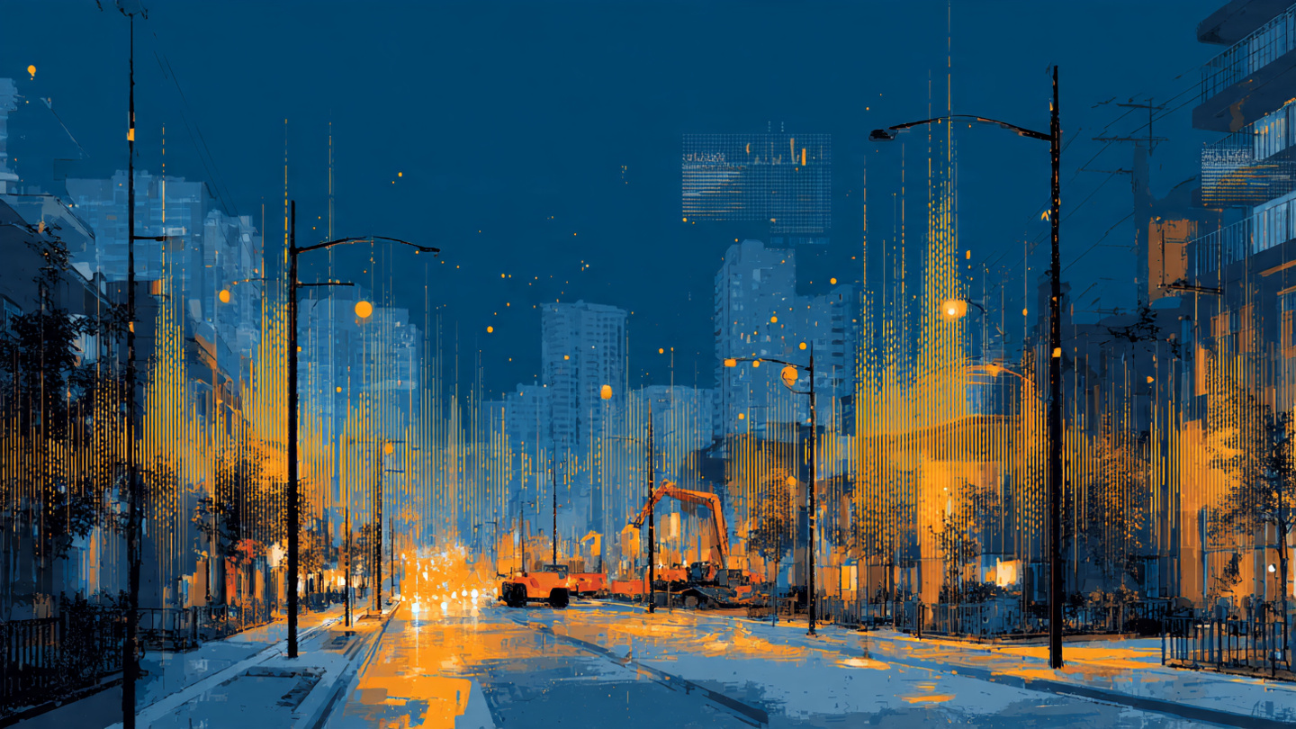 Night street with acoustic sensor nodes detecting construction equipment