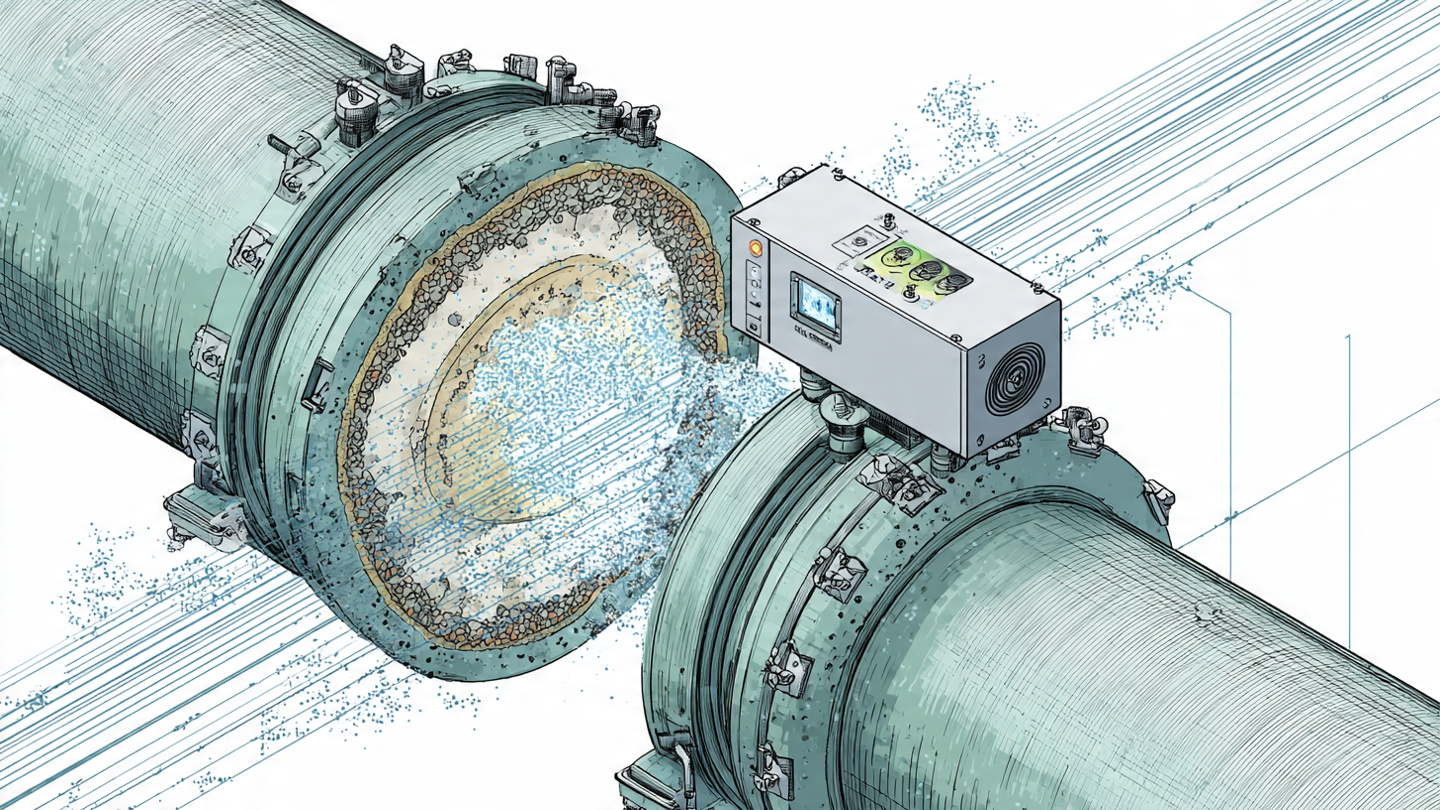 Technical cross-section of water pipe showing internal scale deposits with external acoustic sensors and edge computing device