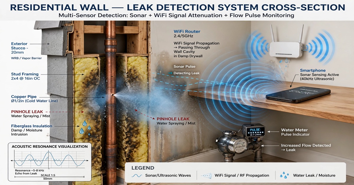 Cross-section of residential wall with hidden plumbing pipe pinhole leak, smartphone emitting sonar waves, WiFi signal propagation through damp drywall, and water meter pulse train analysis
