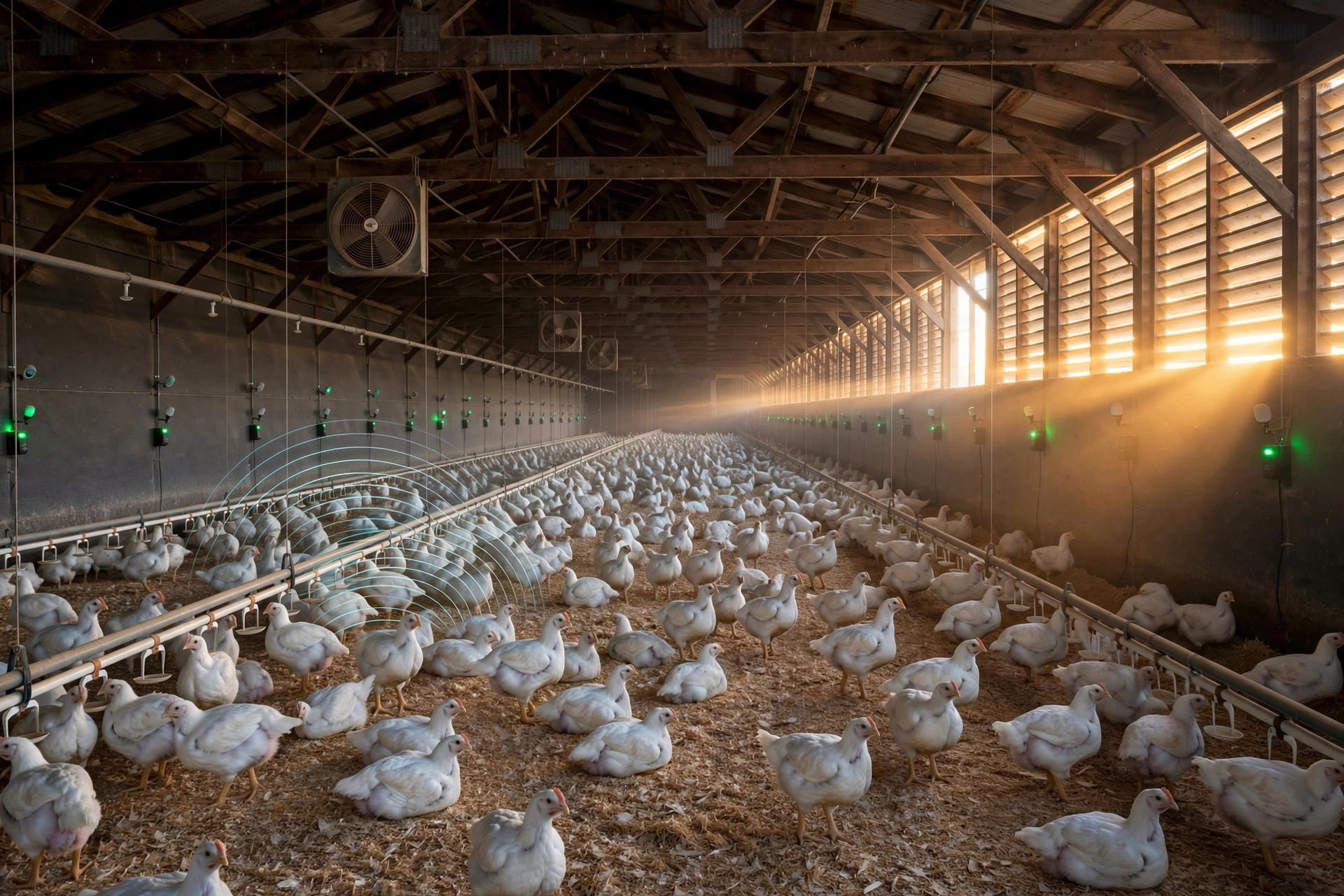 Interior of a commercial broiler barn with wall-mounted microphone sensor nodes monitoring a flock, sound waves visualized rising from one zone