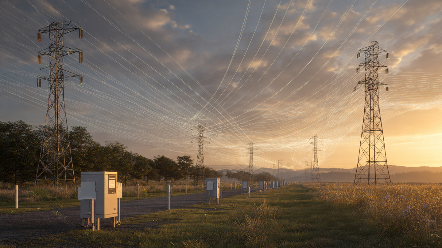 High-voltage transmission towers at dusk with ground-level magnetometer sensor pods on posts beneath the right-of-way corridor, magnetic field lines visualized between conductors and sensors