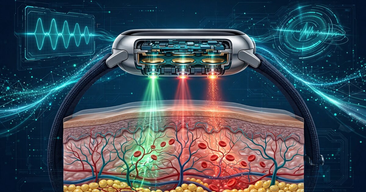 Smartwatch biosensor system showing multi-wavelength PPG and bioimpedance measurement