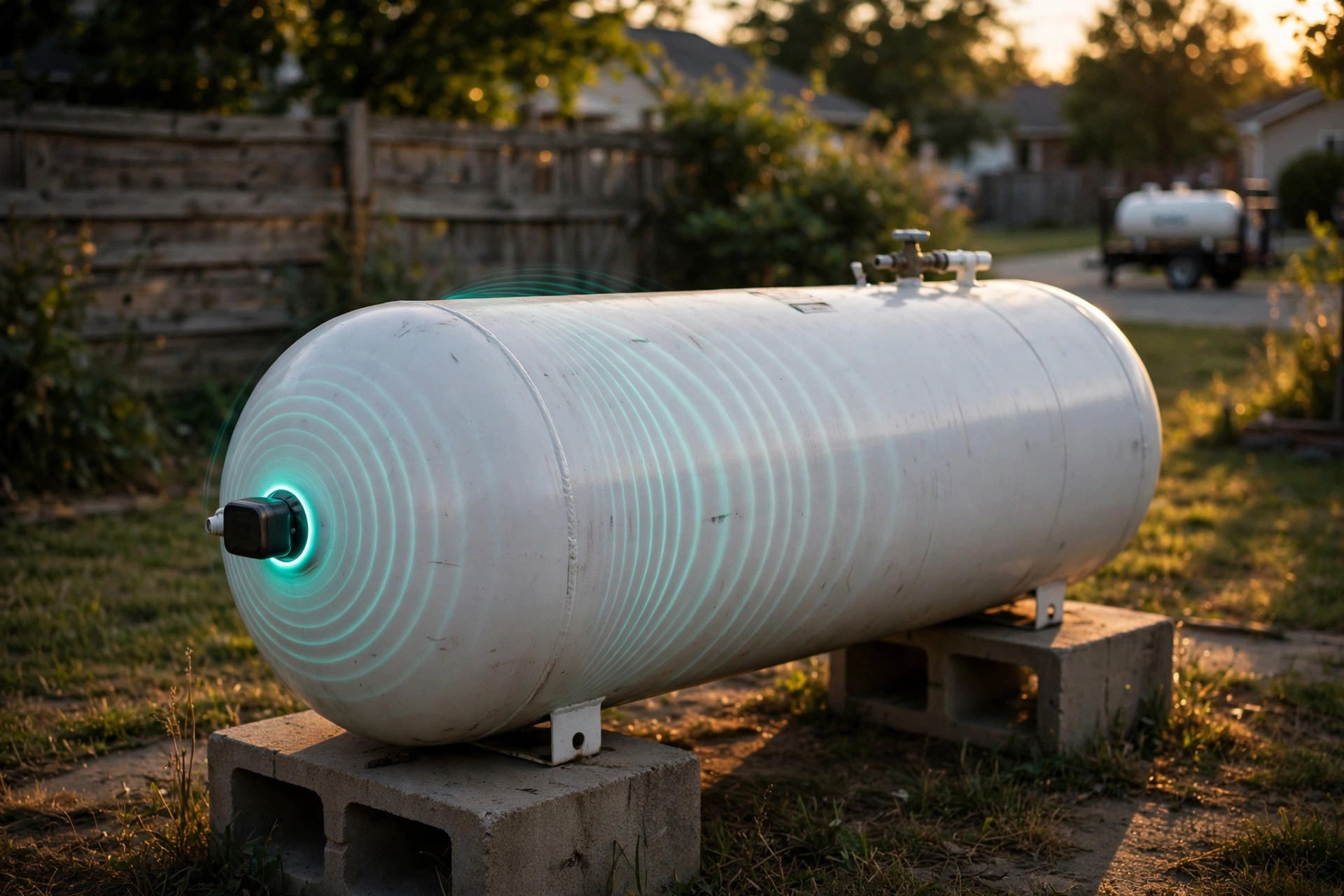 White horizontal residential propane tank at dusk with a small sensor module clamped to its side emitting teal sound-wave ripples, delivery truck in the background