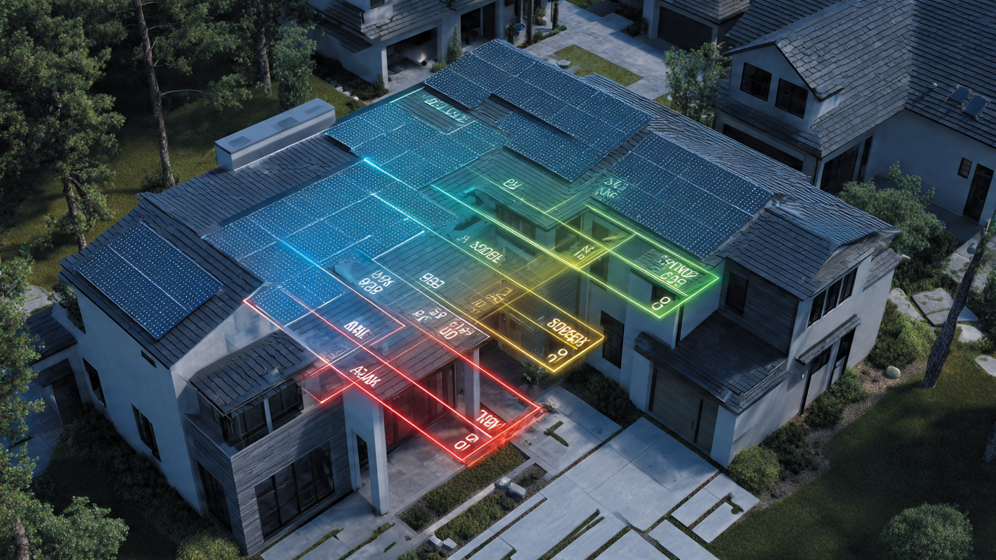 Rooftop solar panel array with data visualization overlays showing per-panel production metrics and fault highlighting