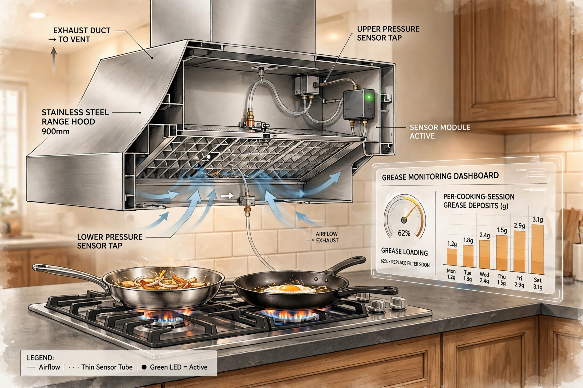 Cutaway view of a kitchen range hood over a gas cooktop, with pressure sensor taps above and below the grease filter, and a dashboard showing a grease loading gauge with per-cooking-session deposit bars.