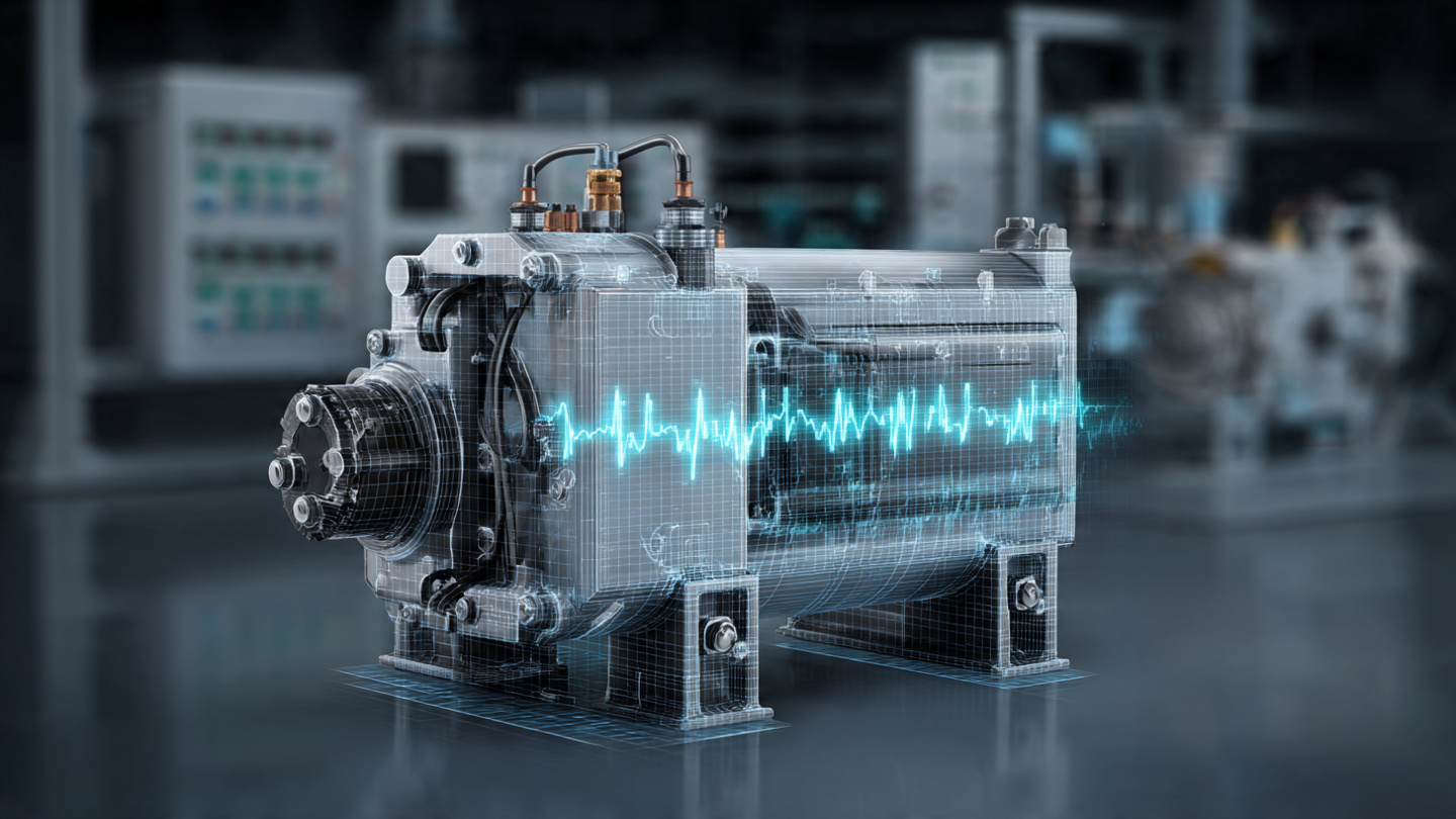 HVAC compressor with current transformer clamp on power cable and digital waveform analysis overlay