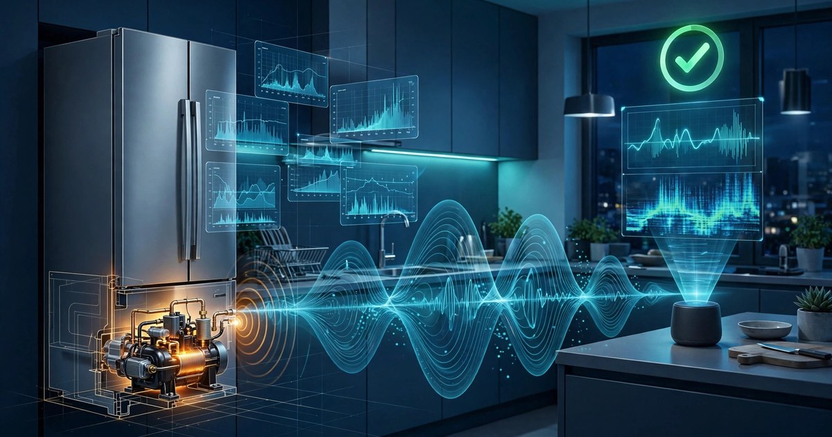 Modern kitchen at night with a refrigerator cutaway revealing the compressor, sound waves traveling from the compressor to a smart speaker on the counter projecting a waveform hologram with a health checkmark
