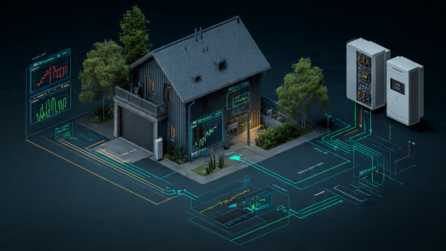 Residential electrical panel with smart meter and harmonic analysis waveform overlays