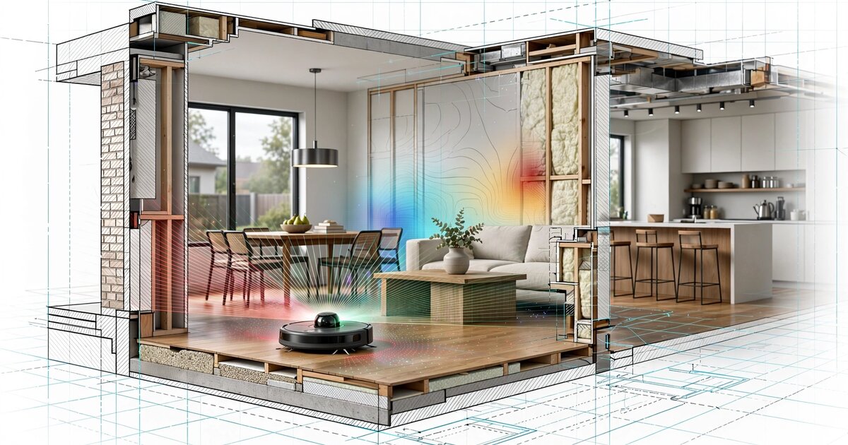 Robot vacuum scanning a residential interior with LiDAR and structural displacement heatmap overlay