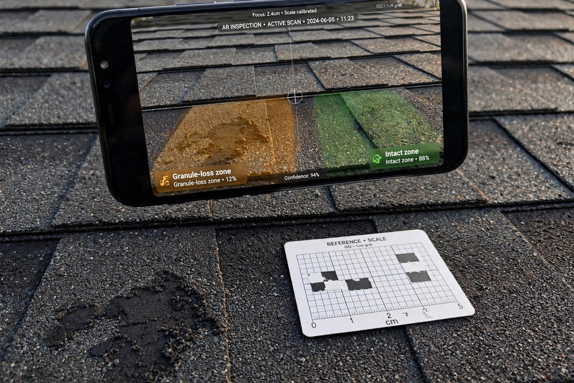 Smartphone texture analysis of roof shingles with granule-loss zones marked: a phone photo that estimates how much protective life your roof has left.