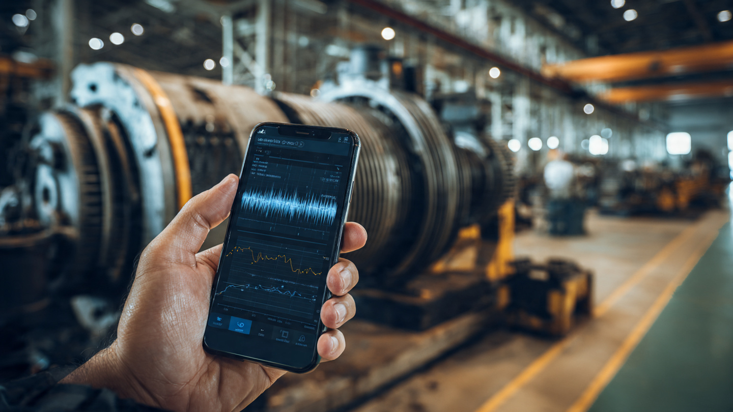 Maintenance technician holding smartphone near industrial rotating machinery with acoustic waveform analysis