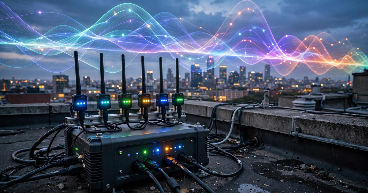 Distributed SDR sensor nodes monitoring radio spectrum across an urban environment